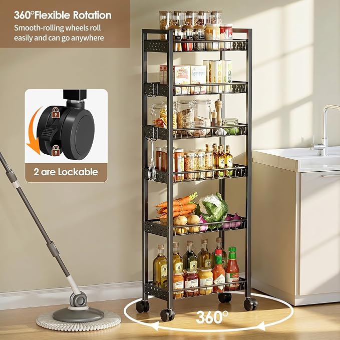 6 Tier Slim Storage Cart, Narrow Rolling Cart with Wheels, 6in(W) | Narrow Mobile Utility Shelf Unit Organizer for Kitchen, Bathroom, Laundry Room, Living Room, Small Places, Black - Image 4