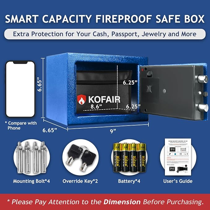 KOFAIR Safe Box for Home Safe (0.23 Cubic Feet) with Fireproof Bag, Personal Money Safe for Cash Saving, Mini Safey with Key, Digital Safety Box with Light, Money Lock safey (Blue) - Image 4