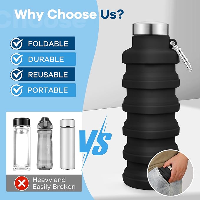 Collapsible Water Bottles 17oz, Portable Leak-Proof Travel Water Bottle, Reusable BPA Free Silicone Foldable Water Bottle with Carabiner for Gym, Traveling, Camping, Hiking, Sports(Black+Blue) - Image 4