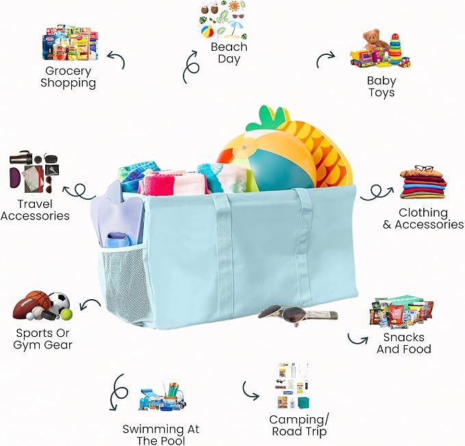 Extra Large Utility Tote Bag - Oversized Collapsible Reusable Wire Frame Rectangular Canvas Basket With Two Exterior Pockets For Beach, Pool, Laundry, Car Trunk, Storage - Light Blue - Image 3