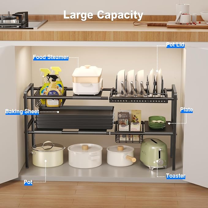 Mustorn Pots and Pans Organizer Under Cabinet, Expandable 2 Tier Under Sink Organizers Storage Adjustable Height Kitchen Pot and Pan Lid Holder Rack with 6 Dividers(4panels,2baskets,1 Pot rack,Black) - Image 3