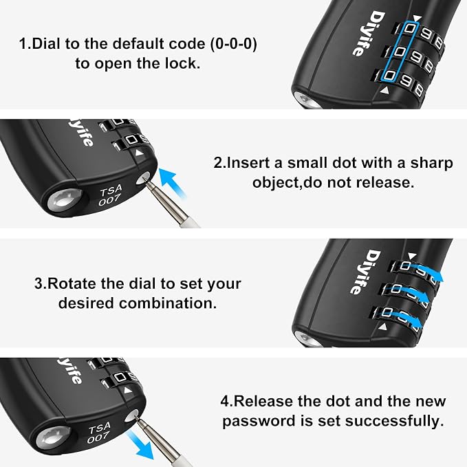 TSA Approved Luggage Locks, Diyife 2 Pack Combination Travel Cable Lock | 3-Digit Resettable Code Lock with Zinc Alloy Body for Suitcases Travel Backpack Bag Case Gym Locker, Black - Image 8