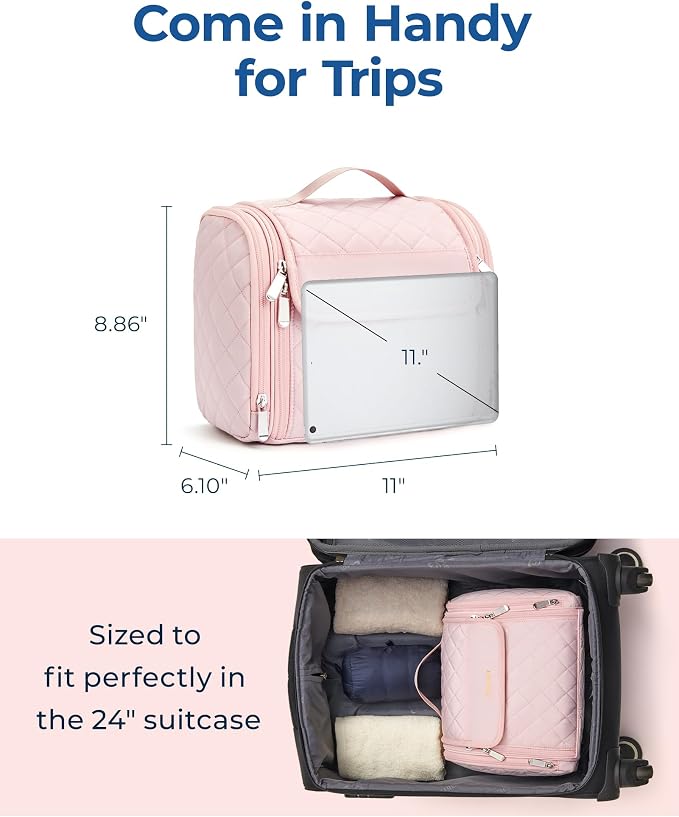 BAGSMART Makeup Bag for Women with Hanging Hook, Large Portable Capacity Water-resistant Organizer Travel Case for Toiletries and Cosmetics, Pink - Image 5