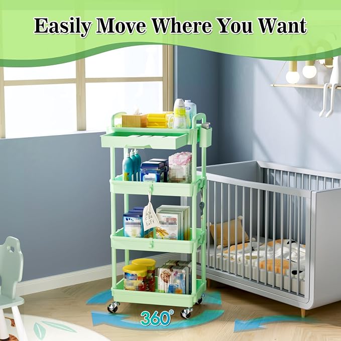 SUNALLY 4 Tier Rolling Cart with Drawer, Craft Storage Cart Organizer,Green | Bathroom Storage Organizer with 2 Lockable Wheels, Rolling Utility Cart for Kitchen, Office, Baby, Makeup, Nail,Snack,Laundry - Image 4