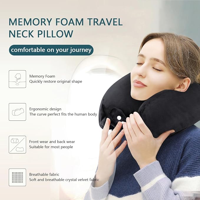 Neck Pillow Airplane Memory Foam Travel Pillows Black | Soft Cooling Pillow, Portable, Neck Support, For Adults, Train Bus Office Home - Image 4