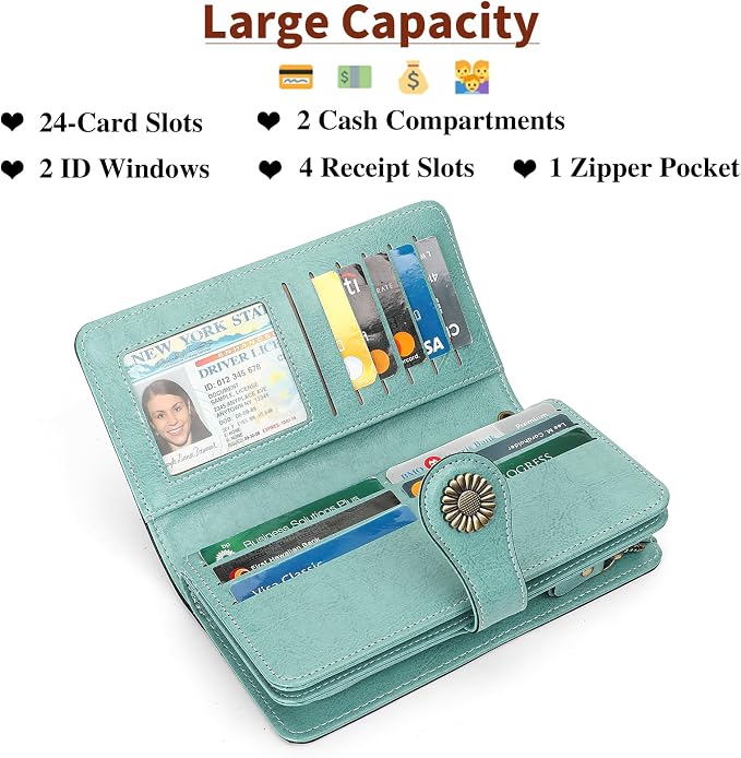 SENDEFN Wallets for Women Leather Credit Card Holder with RFID Blocking Large Capacity Wristlet | with RFID Blocking - Image 4