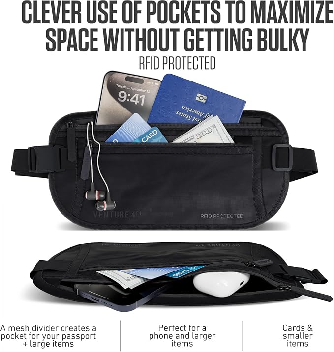 VENTURE 4TH Travel Money Belt, RFID Blocking Passport Holder - Sleek Black - Image 2