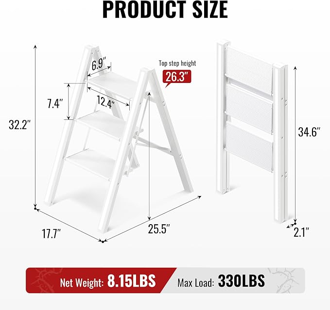3 Step Ladder, Folding Step Stool with Anti-Slip Wide Pedal | Lightweight, Aluminum Material, 330LBS Load, Portable, Easy Storage, Space Saving, for Kitchen, Bedroom Use, White - Image 6