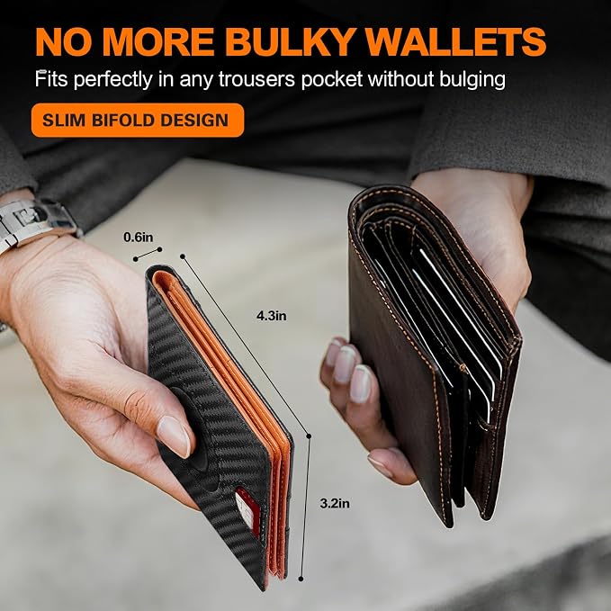 Wallet for Men Slim RFID Blocking Bifold Carbon Fiber,Minimalist Small Compact Front Pocket Credit Card Holder,Thin Mens Leather Wallets Smart Security With 2 ID windows 1 Cash (Black & Orange) - Image 4