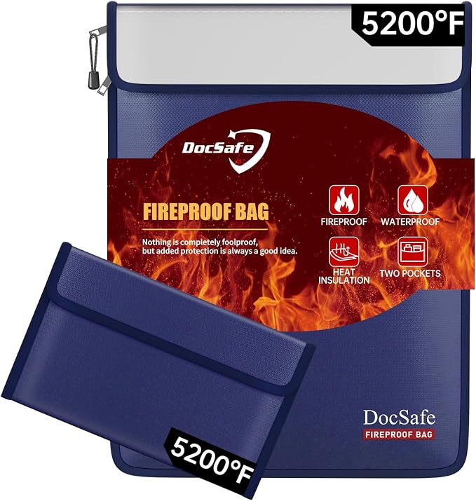 DocSafe Fireproof Document Bag (5200℉) with Fireproof Organizer Travel Case,Heat Insulated Fire＆Water Resistant 8 Layers Safe Money Bag Storage for Important Documents,Cash,Power Bank,Valuables,Blue by DocSafe