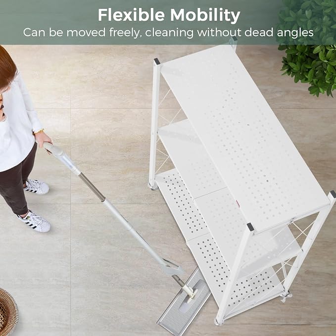 DEANIC 3 Tier Foldable Storage Shelves with Wheels, Kitchen Appliance Stand, Freestanding Metal Wire Shelf Rack, No Assembly Organizer Rolling Cart for Garage, Basement, Pantry(White) - Image 6