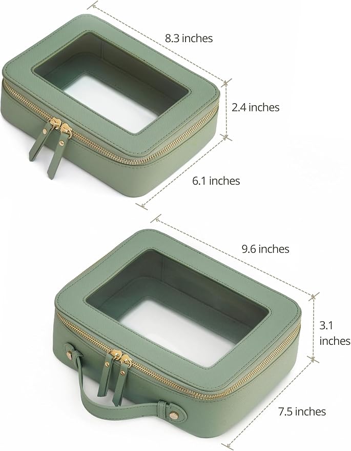 Clear Toiletry Bag 2 Pack, Travel Makeup Bag Medium and Large Green | Structured Clear Cosmetic Case with Zipper, Car Essential Organizer Bag for Women, Waterproof PU Leather, Wide Open Portable - Image 2