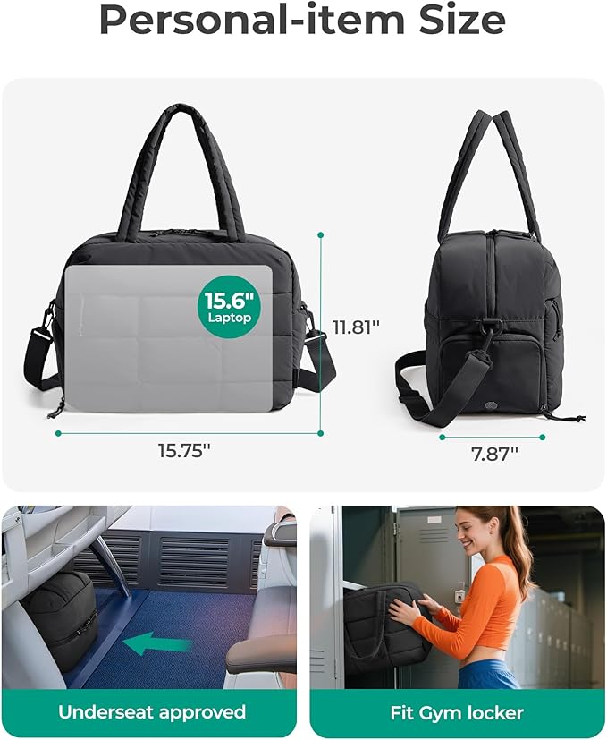 BAGSMART Gym Bag for Women, Carry on Travel Duffel Bag, Water-resistant Weekender with Shoe Compartment for Gym Travel Work, Black, Medium - Image 2