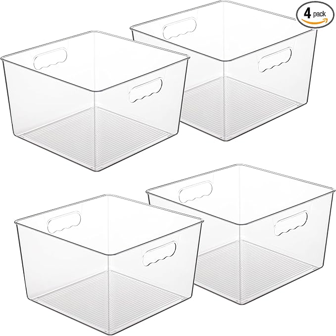 Vtopmart 4 Pack Extra Large Clear Storage Bins, 11x11 Cube Organizer | Acrylic Cube Storage Bins, Plastic Containers with Handle for Pantry, Kitchen, Closet, Laundry Room, Bathroom, Under Sink by Vtopmart
