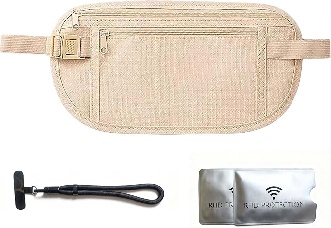 Money Belt for Travel with Anti-Theft RFID Blocking Cards Cover, Phone Wrist Strap, Passport Holder, Slim Waist Wallet Men Women, Money Pouch under Clothes for Travel, Running, Hiking, Beige by TOJKYBLYU