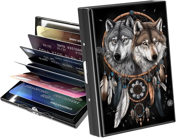 Metal Wallet,Credit Card Holder for Women Men,RFID Blocking Card Holder Wallet Mini Slim Aluminum Wallet ID Case Hard Card Case Business Card Holder Case,Dream Catcher Wolf by ACWDMKH
