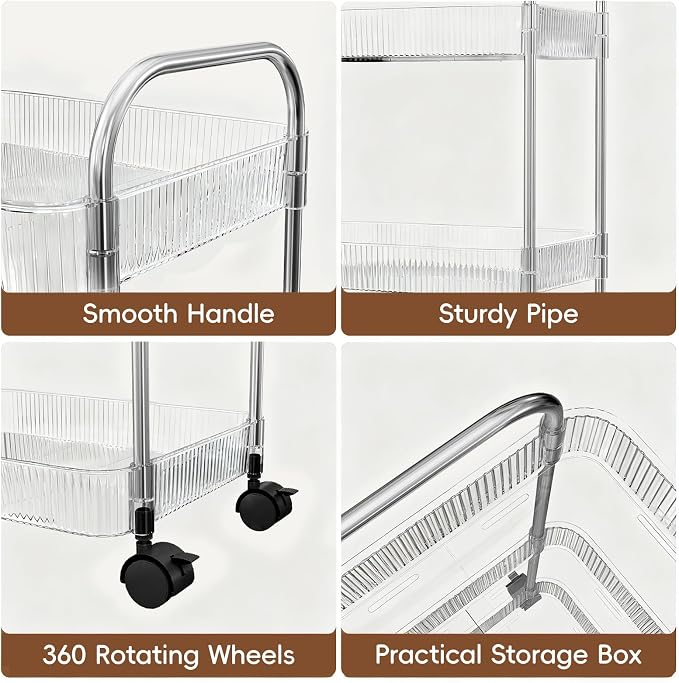 STARLATTA 3 Tier Rolling Cart with Lockable Wheels, Clear Acrylic Utility Trolley with Handle, Heavy-Duty Storage Organizer for Kitchen Bathroom Nursery Laundry - Snack Book Craft Organizer (Clear) - Image 4