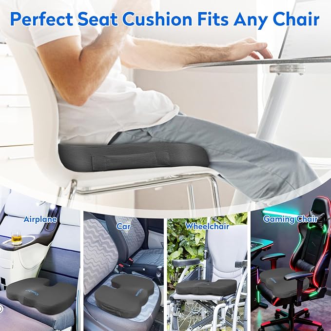 CushZone XL Memory Foam Seat Cushion for Office, Car & Wheelchair, Gray | U-shaped Coccyx Cutout, Contoured Design, Breathable Removable Mesh Cover, Non-Slip Base, Carry Handle - Image 5