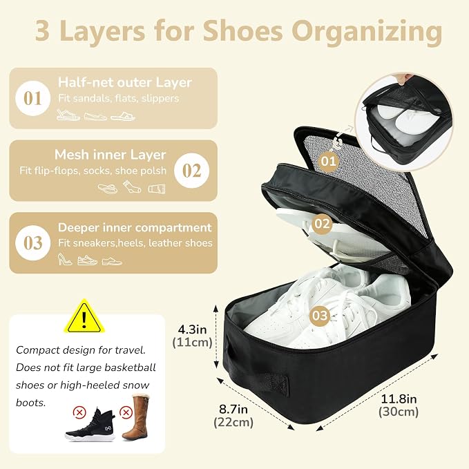 Black Shoe Bag for Travel, 2 Layers Waterproof Shoes Organizer | Holds 3 Pairs,Trolley Strap,Easy Clean Lining,Leak Proof,Dual Zippers - Image 3