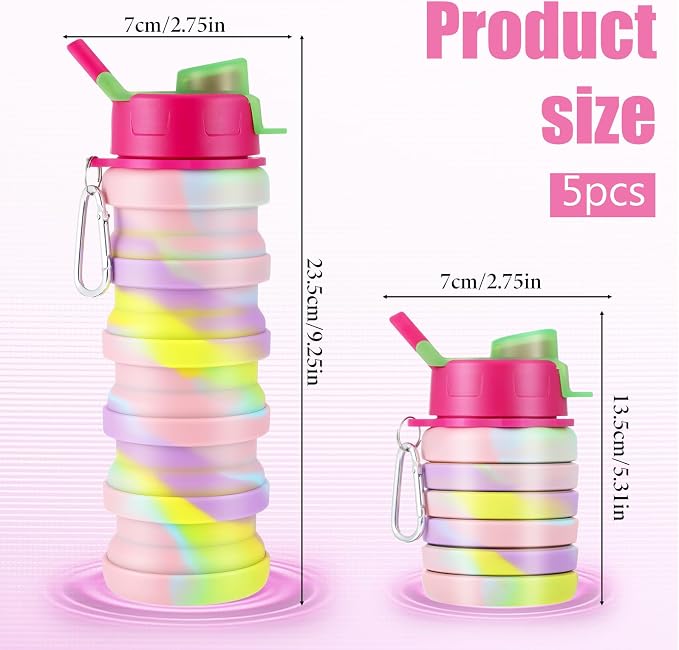 5 Pcs Collapsibles Water Bottles, 16 oz Portable Water Bottle with | Metal Clip Foldable Silicone Leakproof Travel Waters Bottle Reusable Sports Waters Bottles for Travel Camping Hiking Cycling - Image 2