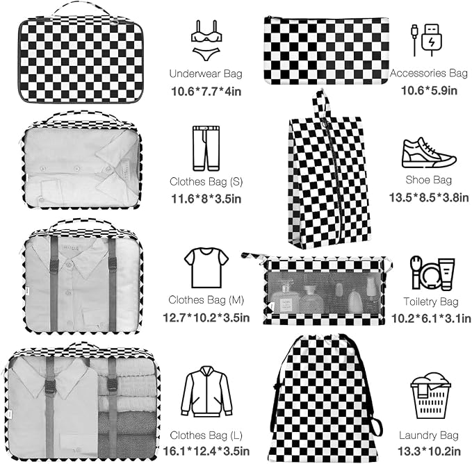 8 Set Packing Cubes for Suitcases,Packing Cube with Shoe, Cosmetics, Clothing, and Accessories Bags Packing Cubes for Travel Luggage Organizer Women Men(Black White Checkered) - Image 2