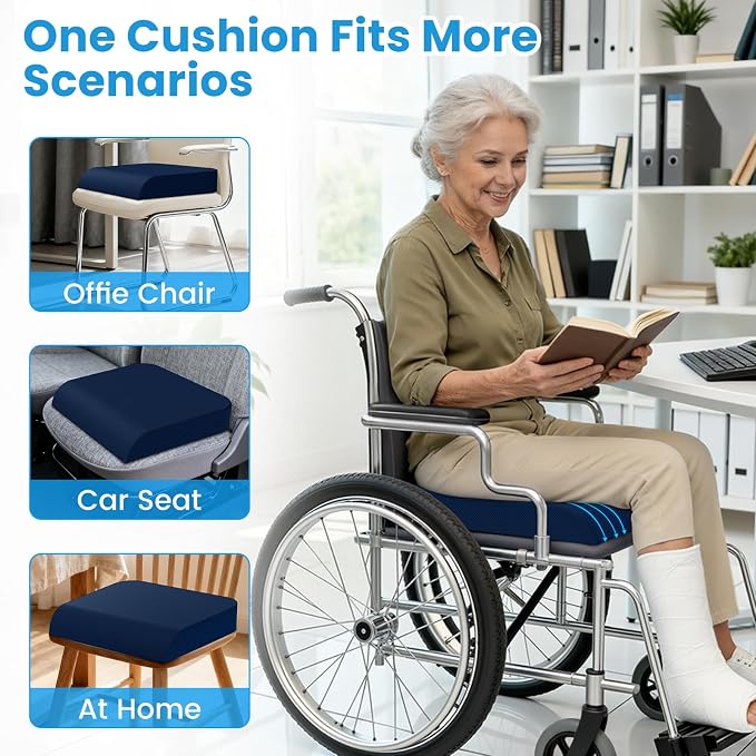 Wheelchair Seat Cushion - Cooling Gel & Memory Foam Office Chair Cushion with Non-Slip Bottom & Washable Cover, Ergonomic Car Seat Pillow for Sciatica, Tailbone, Back Comfort (Navy Blue) - Image 4