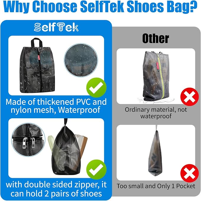 SelfTek Travel Shoe Bags, 3 Pack 3 Size Waterproof Shoe Bags for Travel with Double-Sided Zippers, Portable Shoe Storage Organizer for packing for Men, Women & Kids - Ideal Family Travel Accessories - Image 5