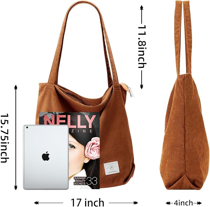 KALIDI Women Corduroy Tote Bag Zipper Casual Tote's Handbag Big Capacity Shoulder Bag with Pockets - Image 6