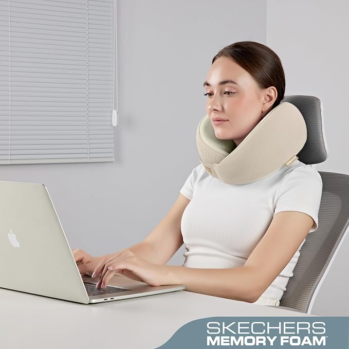 Skechers Men's Memory Foam Neck Pillow, Comfortable & Breathable Travel Pillow, Neck Pillow Airplane for Travel, Car Rides, Home, and Office Use, Ergonomic Design for Men and Women,Beige - Image 4