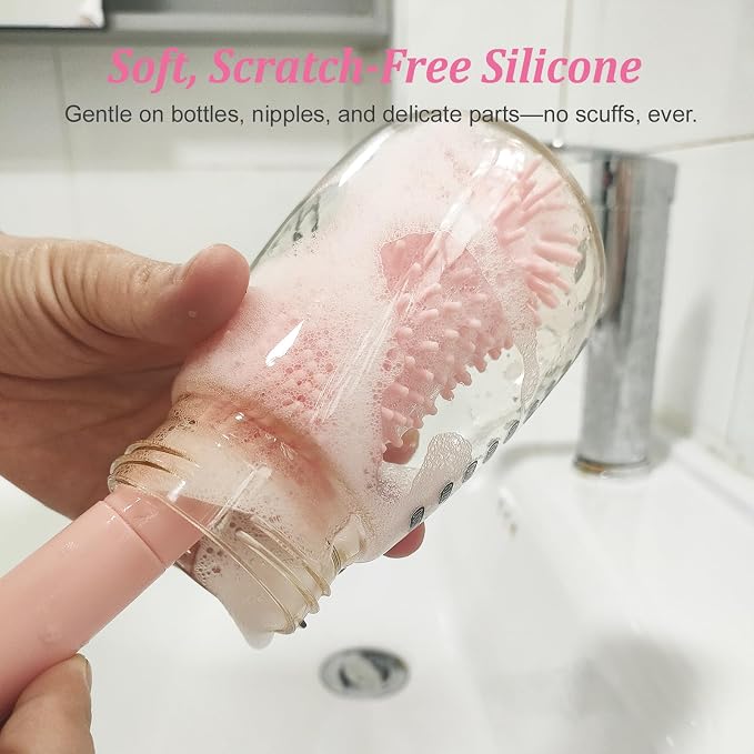 Pink Travel Baby Bottle Cleaner Kit – 6-in-1 Portable Brush Set with Drying Rack & Storage Case | Baby Travel Essentials for Flying, Newborn Bottle Cleaning & Breast Pump Parts On-The-Go - Image 4