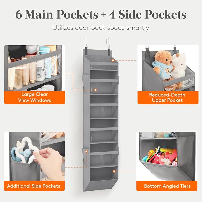 Lifewit 1 Pack Over the Door Organizer, 6 Section Clear Window Hanging Storage with 4 Side Pockets, Sturdy Anti Tilt 40 lbs Load Behind Door for Closet, Bedroom, Bathroom, Nursery, Dorm, Gray - Image 3