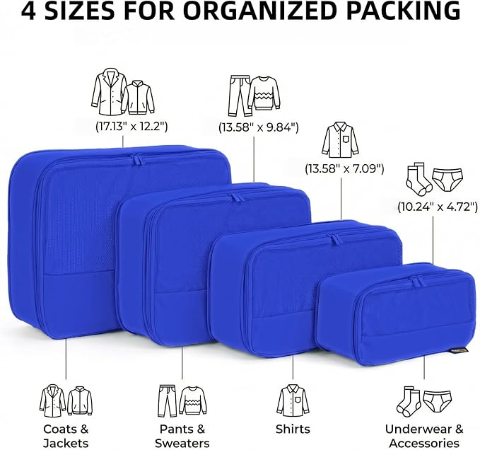 4 Piece Compression Packing Cubes for 3–7 Day Travel, Dark Blue | Wrinkle-Resistant Memory Fabric, Breathable Mesh Panel, Double-Zipper, Small to Large Size Bag, Smart Organization - Image 3