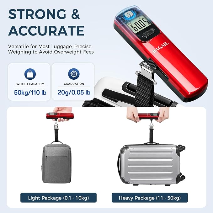 BAGAIL Digital Luggage Scale, 110lbs Hanging Baggage Scale with Backlit LCD Display, Portable Suitcase Weighing Scale, Travel Luggage Weight Scale with Hook, Strong Straps for Travelers - Image 5