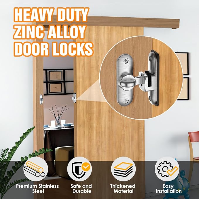 90/180 Degree Flip BarnDoor Lock, Small Door Latch, Silver 2 PCS | Heavy Duty Door Latch, Interior Sliding Door, Pocket Door, Bedroom, Bathroom, Cabinet, Privacy Lock, Includes Spacer - Image 2