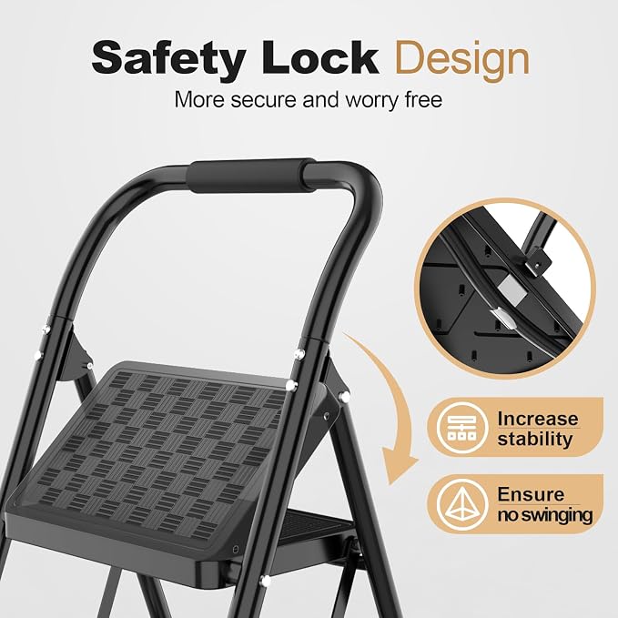 HBTower 3 Step Ladder, Step Stool Foldable for Adults | Wide Anti-Slip Pedal, Lightweight 3 Step Ladders for Home, Black - Image 3