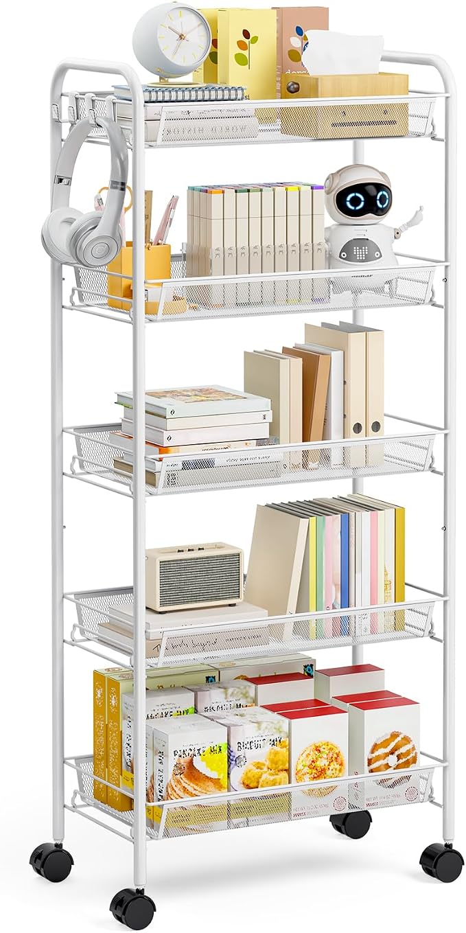 TOOLF 5 Tier Rolling Cart, Metal Utility Storage Cart with Wheels, White | 3 Hooks, Screwless Assembly, Trolley Organizer for Bathroom, Kitchen, Office, Nursery, Dorm, Laundry Room by TOOLF