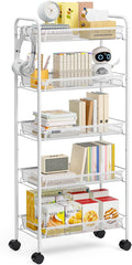 TOOLF 5 Tier Rolling Cart, Metal Utility Storage Cart with Wheels, White | 3 Hooks, Screwless Assembly, Trolley Organizer for Bathroom, Kitchen, Office, Nursery, Dorm, Laundry Room by TOOLF