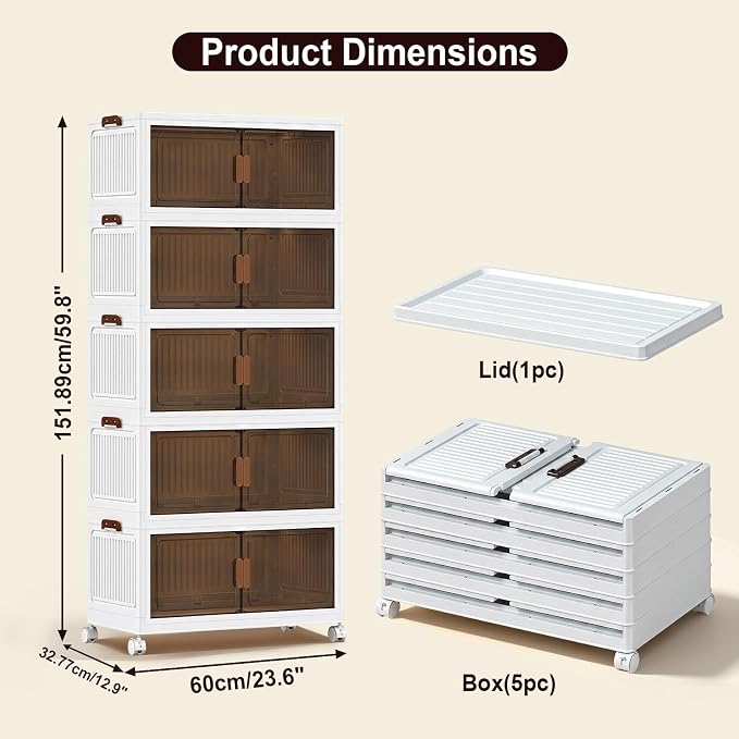 275QT Stackable Storage Bins With Lids, Collapsible Plastic Storage Bins with Wheels and Doors, Foldable Plastic Cabinets for Bedroom Dorm Garage - Image 3