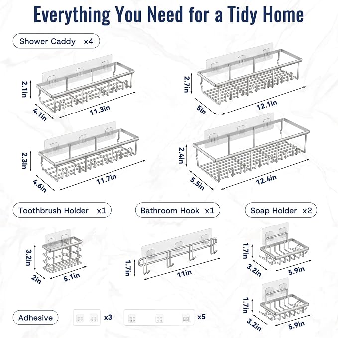 8 Pack Adhesive Large Capacity No-Drilling Shower Caddy, Silver | Rustproof Shower Shelves Rack with Soap Dishes, Toothbrush Holder & Hooks for Bathroom Organizers & Storage Accessories - Image 8