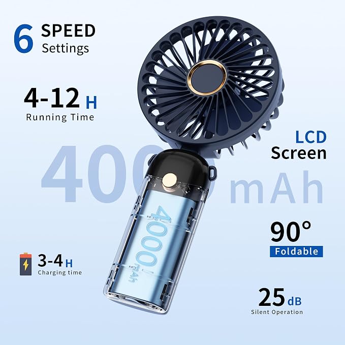 Morelax Handheld Mini Fan,USB Rechargeable Fodable Personal Fans 4000mAh,90 Adjustable, 6 Speed Strong Wind,Portable Fan Pocket Design 5 IN 1Cooling Table Fan for Office School Outdoor Travel,Blue - Image 2