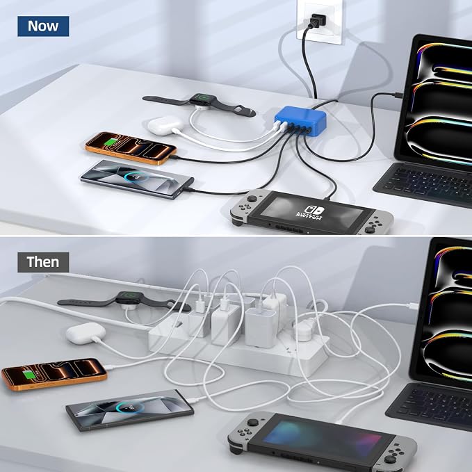 100W 6 in 1 USB Charger, 50% Smaller Charging Station for Multiple Devices | Fast Charging Blocks with Type C Port, USB Charging Hub Organizer Multiport Power Strip for iPhone,Samsung,Ipad,Kindle,Travel - Image 8