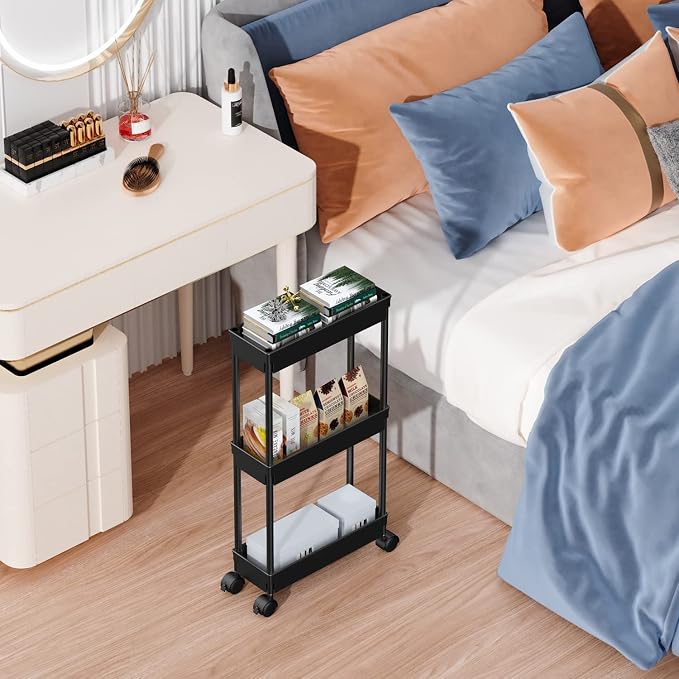 Sooyee 3 Tier Rolling Cart with Wheels, Black | Slim Storage Cart, Narrow Storage Cabinet, Under Desk Storage, For Office Bathroom Kitchen Laundry Room - Image 3