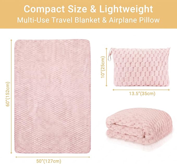 Travel Blanket with Bag, Soft Fleece Portable Airplane Blanket, Pink | Soft fleece travel blanket 50x60in grey. 5-in-1: pillow, lumbar support, shawl, hand warmer. Washable, luggage sleeve, clip. - Image 6