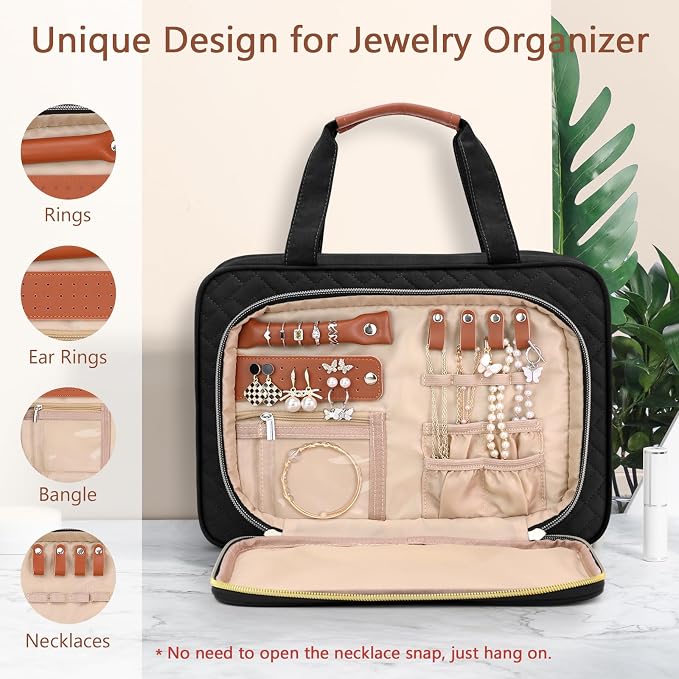 Toiletry Bag for Women, Hanging Travel Toiletry Bag with Jewelry Organizer Compartment Medium Makeup Bag, PVC Waterproof Cosmetic Travel Bag Trips Camping Bathroom, Black+Brown - Image 2