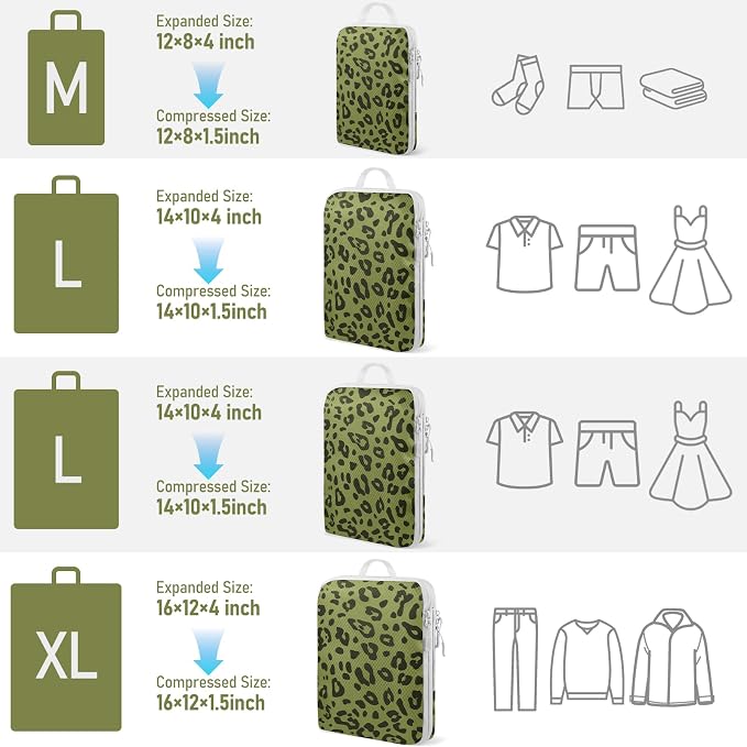 4 Set Compression Packing Cubes For Travel Bags Organizer For Luggage Suitcase Organizer, Compression Bags For Travel Accessories Luggage Storage Set (4 Pcs, Green Leopard) - Image 2