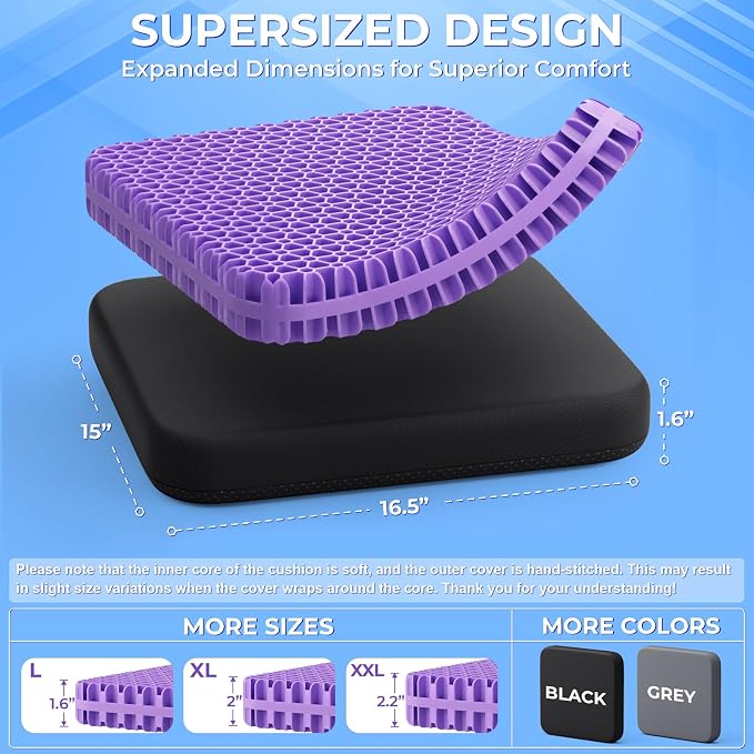 TushGuard Gel Seat Cushion for Long Sitting, Breathable Thick Patent Design | Enlarged Cooling Chair Pad for Office Chair, Wheelchair, Desk Chair, Supportive Car Cushion (Standard, Black+Violet) - Image 3