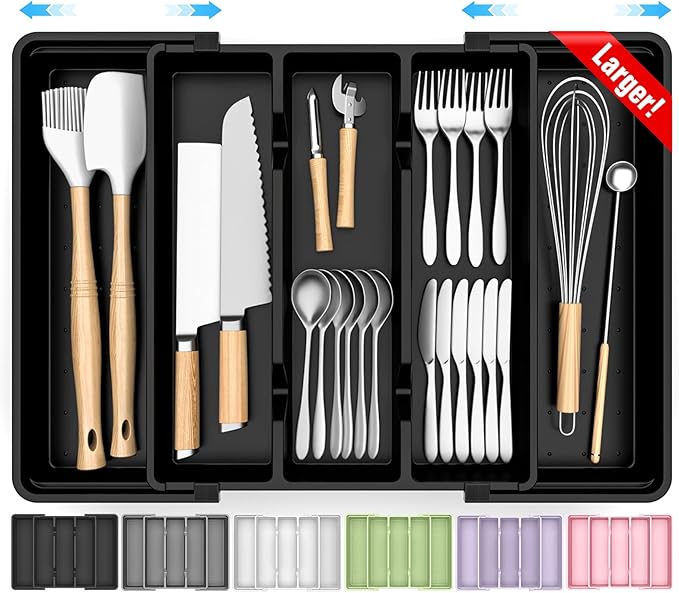 Large Expandable Silverware Drawer Organizer, Utensil Tray | Kitchen Drawer Organizer for Spoons/Forks/Knives, Multipurpose & BPA Free Cutlery Tray (1 Pack, Black) by Unknown