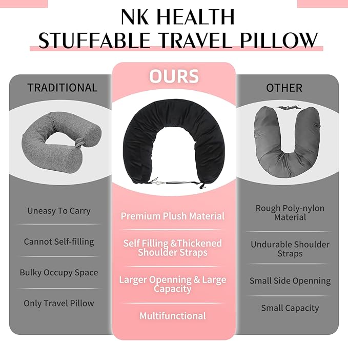 Stuffable Neck Pillow for Travel, Packable Neck Pillow (Black) | Velvet cover, Stuff with clothes to save luggage space, No extra baggage fees, Fits 5+ days travel essentials, Zipper closure - Image 6