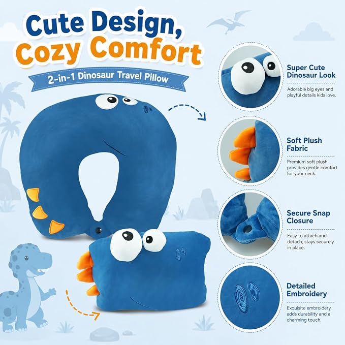 Travel Pillow for Kids & Adults Car Neck Pillow Memory Cotton U-Shaped Neck Pillow Soft Head Support Travel Accessories for Airplane Car Train Bus (Dinosaur) - Image 3