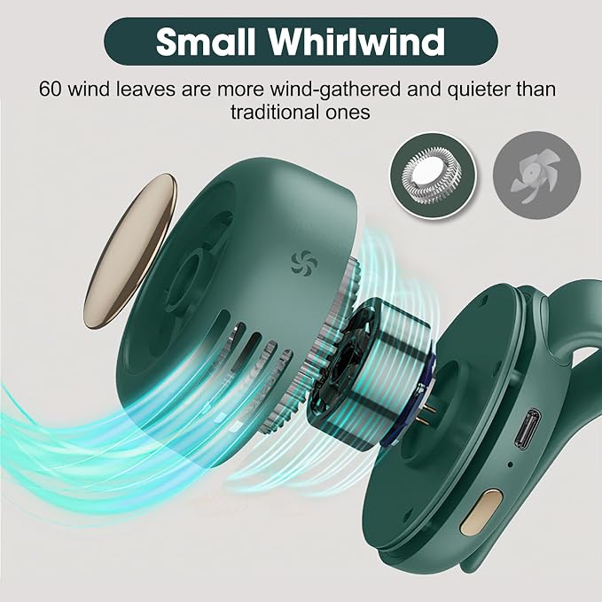 enterlent Portable Silent Mini Bladeless Electric Fan,Mini Whirlwind Fan for Waist Clip Fan(3-Speed),Hands-Free Neck Fan suitable for Outdoor & Travel & Office,Travel Accessories (Green) - Image 4